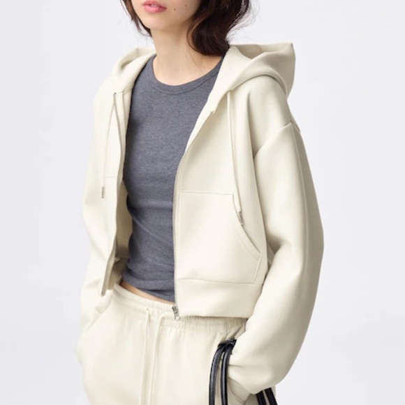 NWT GU Cream Women's Cropped Puff Sweat Full-Zip Hoodie - Picture 1 of 5